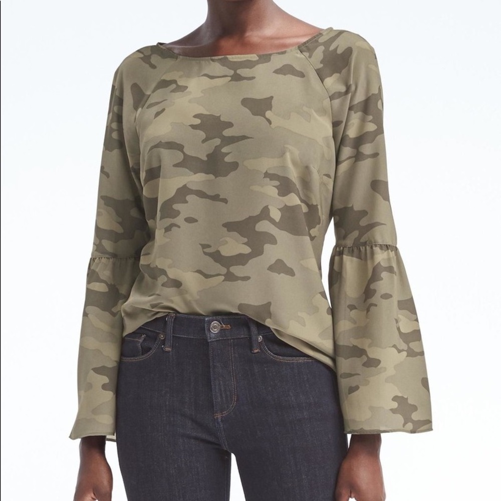{Banana Republic} Camo Green Bell Sleeve Top Shirt
